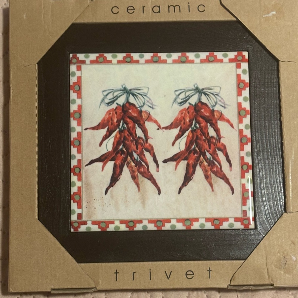 NIB Chili Pepper Southwestern Style Ceramic Trivet Wall Decor Tile Wood Framed